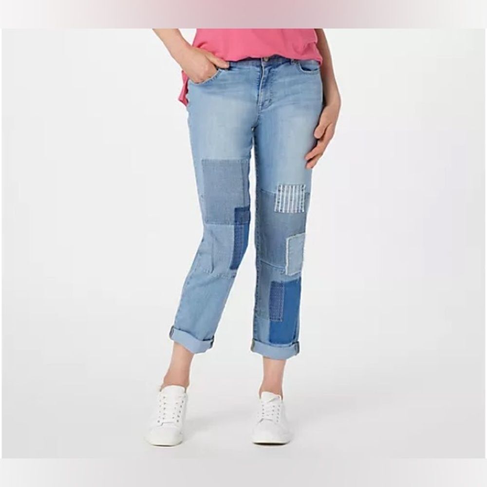 LOGO Lavish Womens Blue‎ Boyfriend Boho Patchwork cropped jeans size 6P